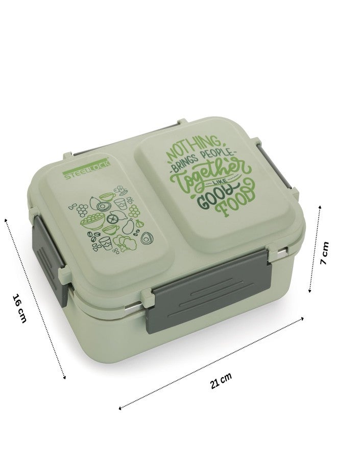 STEELLOCK علبة طعام معزولة من الفولاذ المقاوم للصدأ من سمارت ميل، مقسمة إلى قسمين، للأطفال والكبار مع ملعقة | علبة غداء مانعة للتسرب مع غطاء مزود بحشية سيليكون | علبة بينتو للمدرسة، الأولاد، البنات والمكتب 650 مل - أخضر. - Image 3